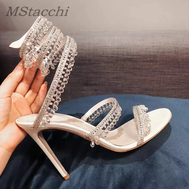 Advbridge Ankle Strap Crystal Sandals Woman Summer Elegant Rhinestone Women's Luxury Sandals Sweet Ladies High-heeled Sandals Wedding