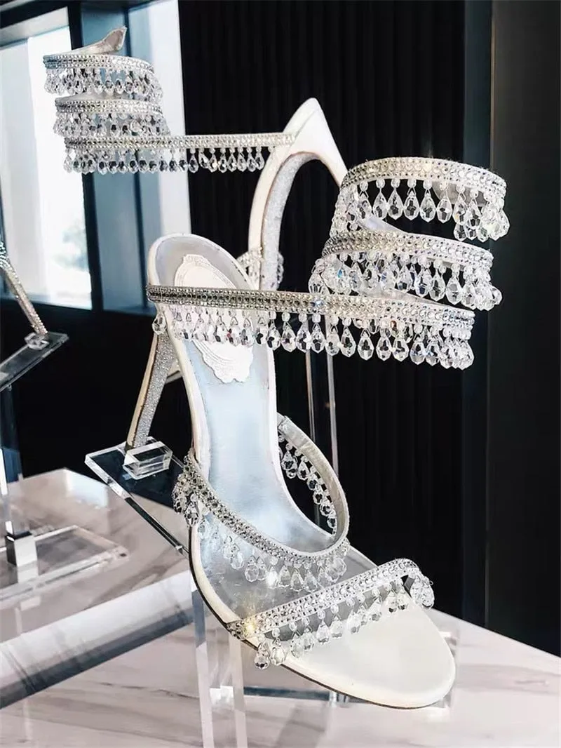 Advbridge Ankle Strap Crystal Sandals Woman Summer Elegant Rhinestone Women's Luxury Sandals Sweet Ladies High-heeled Sandals Wedding