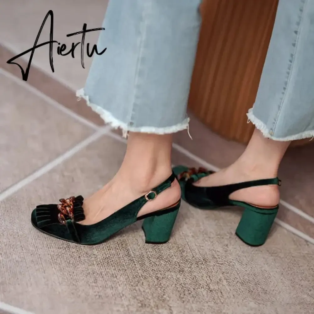 Aiertu Summer Women Sandals Flock Chunky Heel High Heels Retro Velvet Slingback Shoes for Women Crystal Tassel Women Pumps Party Shoes