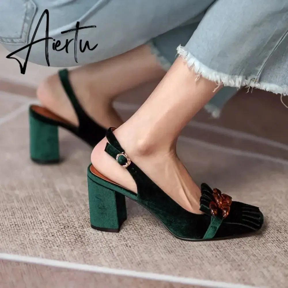 Aiertu Summer Women Sandals Flock Chunky Heel High Heels Retro Velvet Slingback Shoes for Women Crystal Tassel Women Pumps Party Shoes