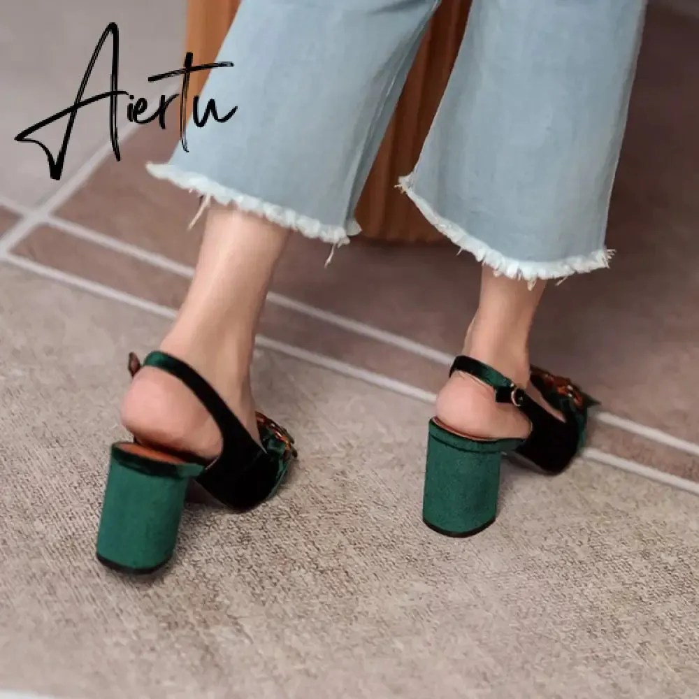 Aiertu Summer Women Sandals Flock Chunky Heel High Heels Retro Velvet Slingback Shoes for Women Crystal Tassel Women Pumps Party Shoes