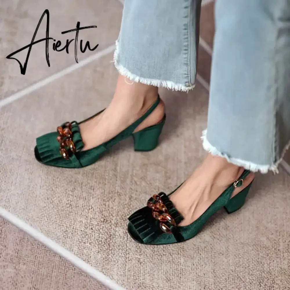 Aiertu Summer Women Sandals Flock Chunky Heel High Heels Retro Velvet Slingback Shoes for Women Crystal Tassel Women Pumps Party Shoes