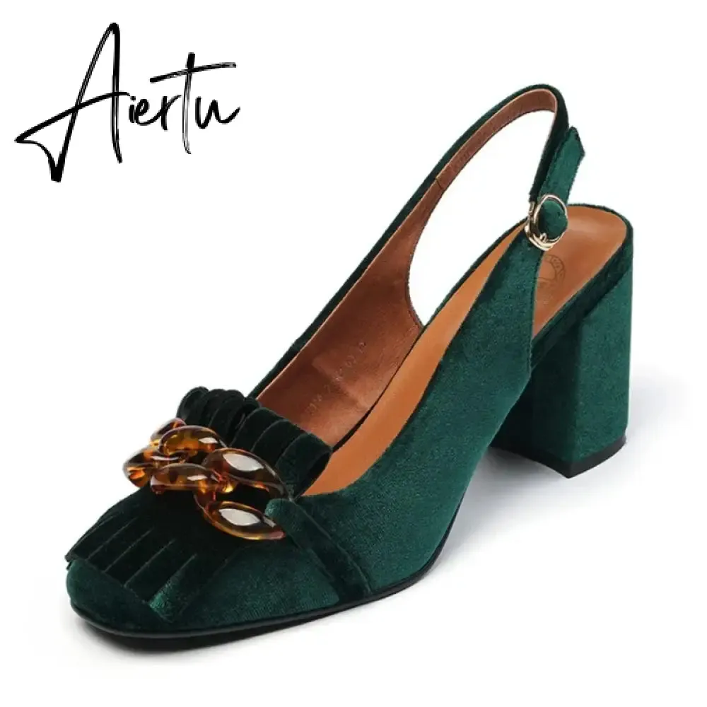 Aiertu Summer Women Sandals Flock Chunky Heel High Heels Retro Velvet Slingback Shoes for Women Crystal Tassel Women Pumps Party Shoes