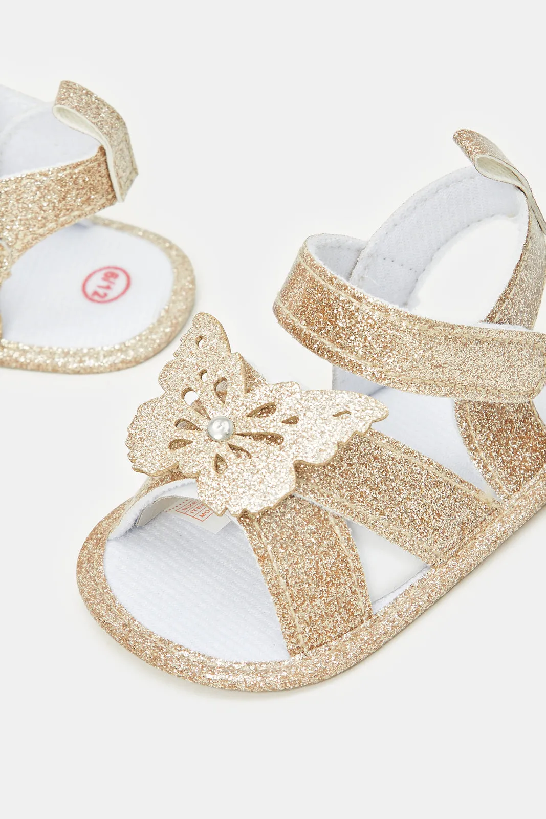 Babies Gold And White Butterfly Pram Shoe With Headband Set (2 Piece)