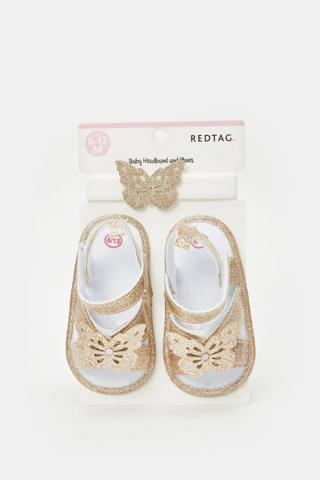 Babies Gold And White Butterfly Pram Shoe With Headband Set (2 Piece)