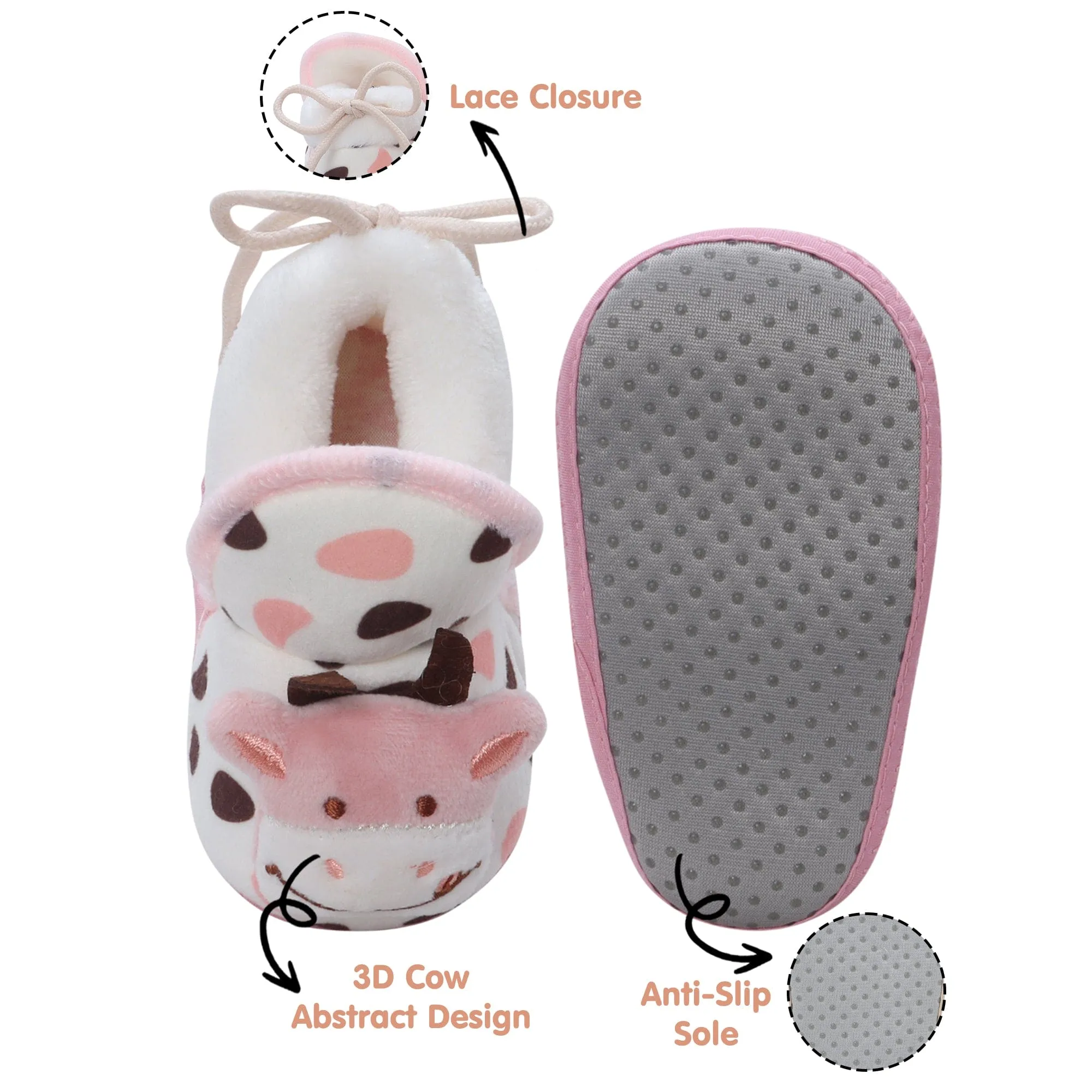 Baby Moo 3D Cow Abstract Spots Soft Slip-On Anti-Skid Plush Warm Booties - Pink