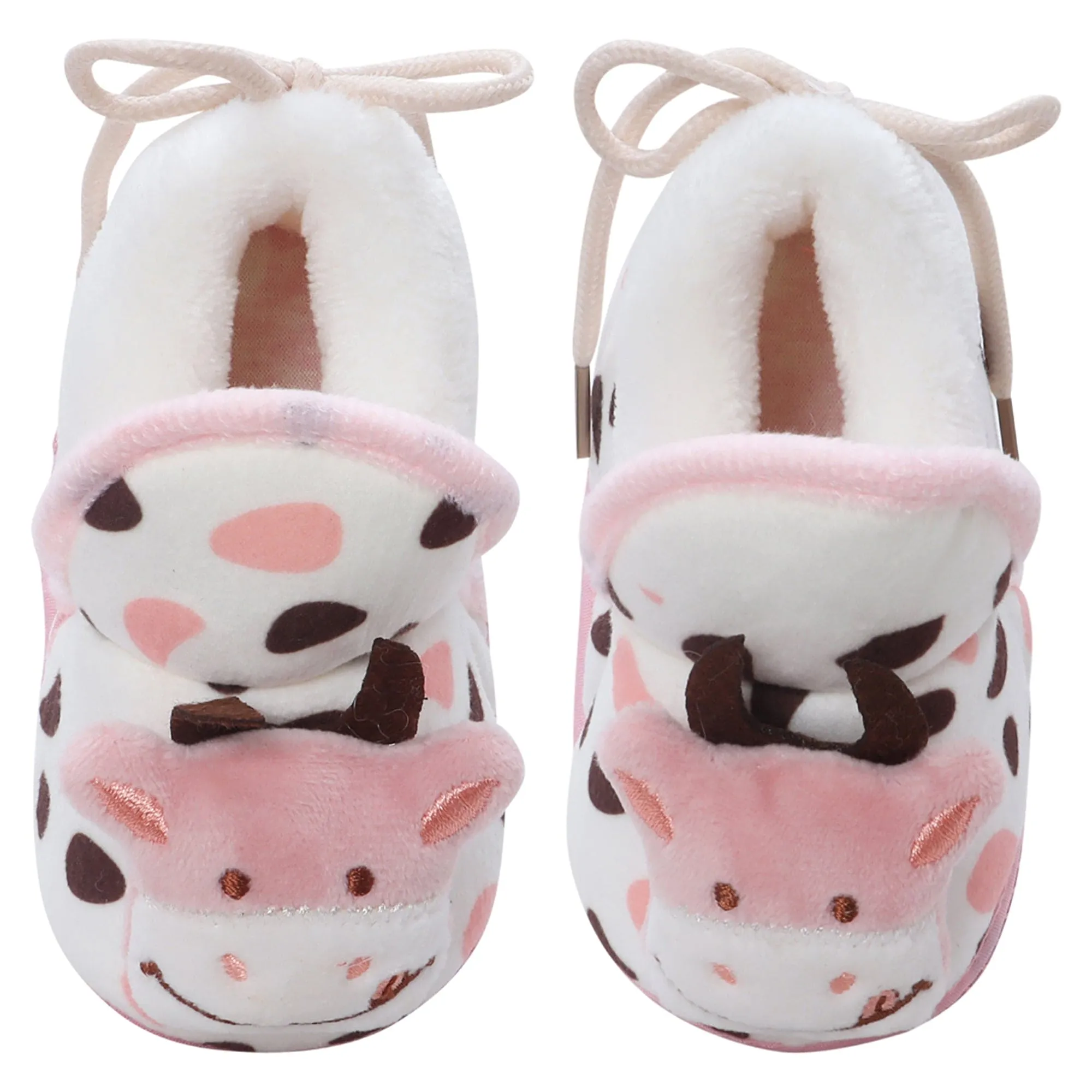 Baby Moo 3D Cow Abstract Spots Soft Slip-On Anti-Skid Plush Warm Booties - Pink