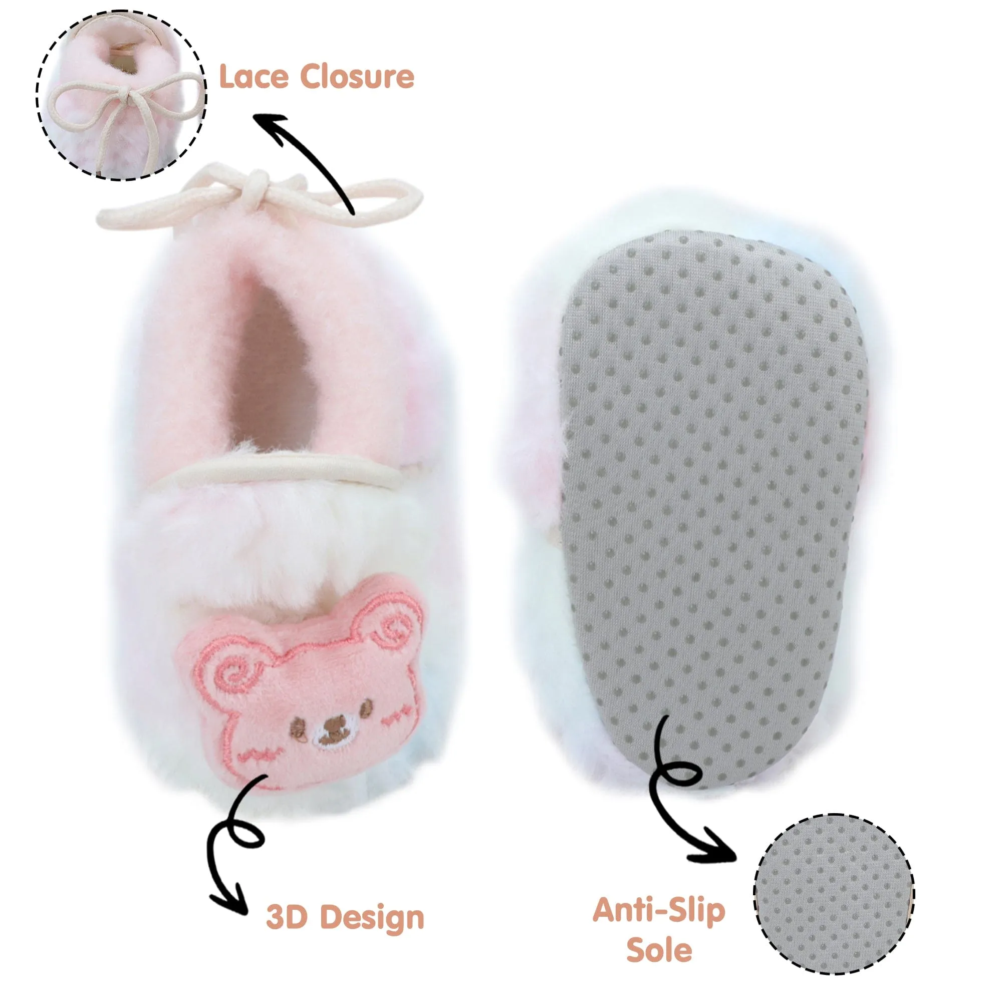 Baby Moo 3D Cute Teddy Soft Slip-On Anti-Skid Plush Warm Booties - Pink