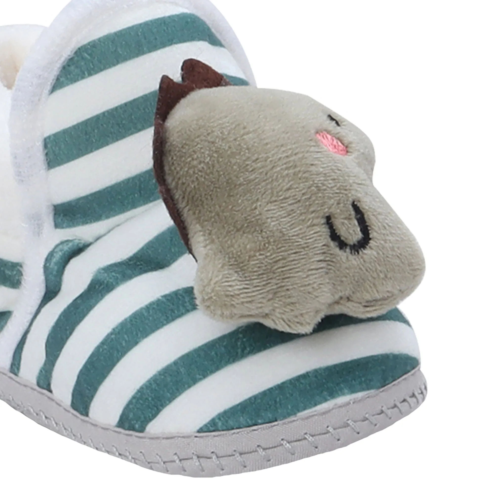 Baby Moo 3D Dino Striped Soft Slip-On Anti-Skid Plush Warm Booties - Green