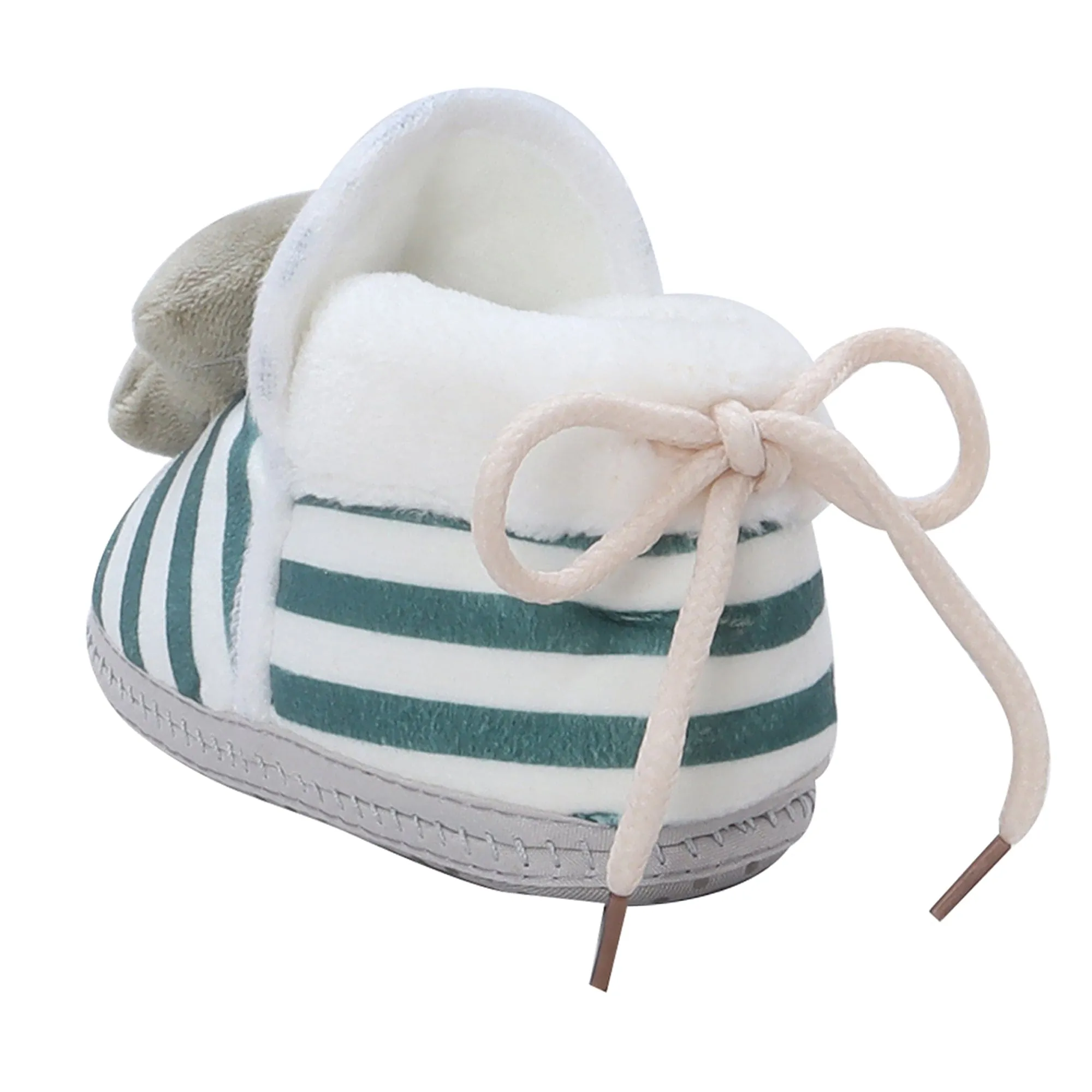 Baby Moo 3D Dino Striped Soft Slip-On Anti-Skid Plush Warm Booties - Green