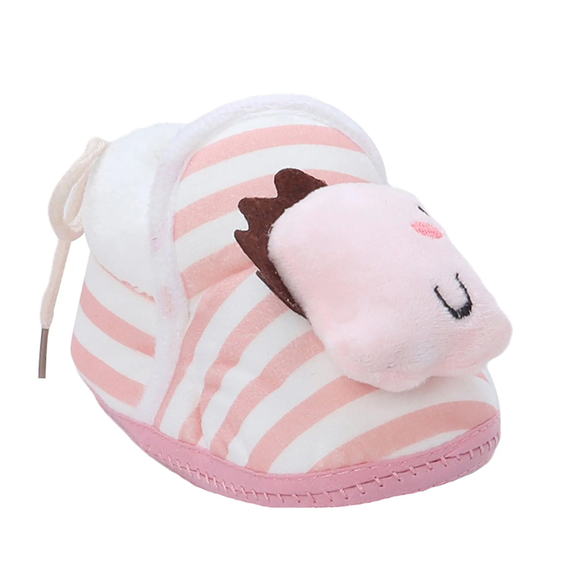 Baby Moo 3D Dino Striped Soft Slip-On Anti-Skid Plush Warm Booties - Peach