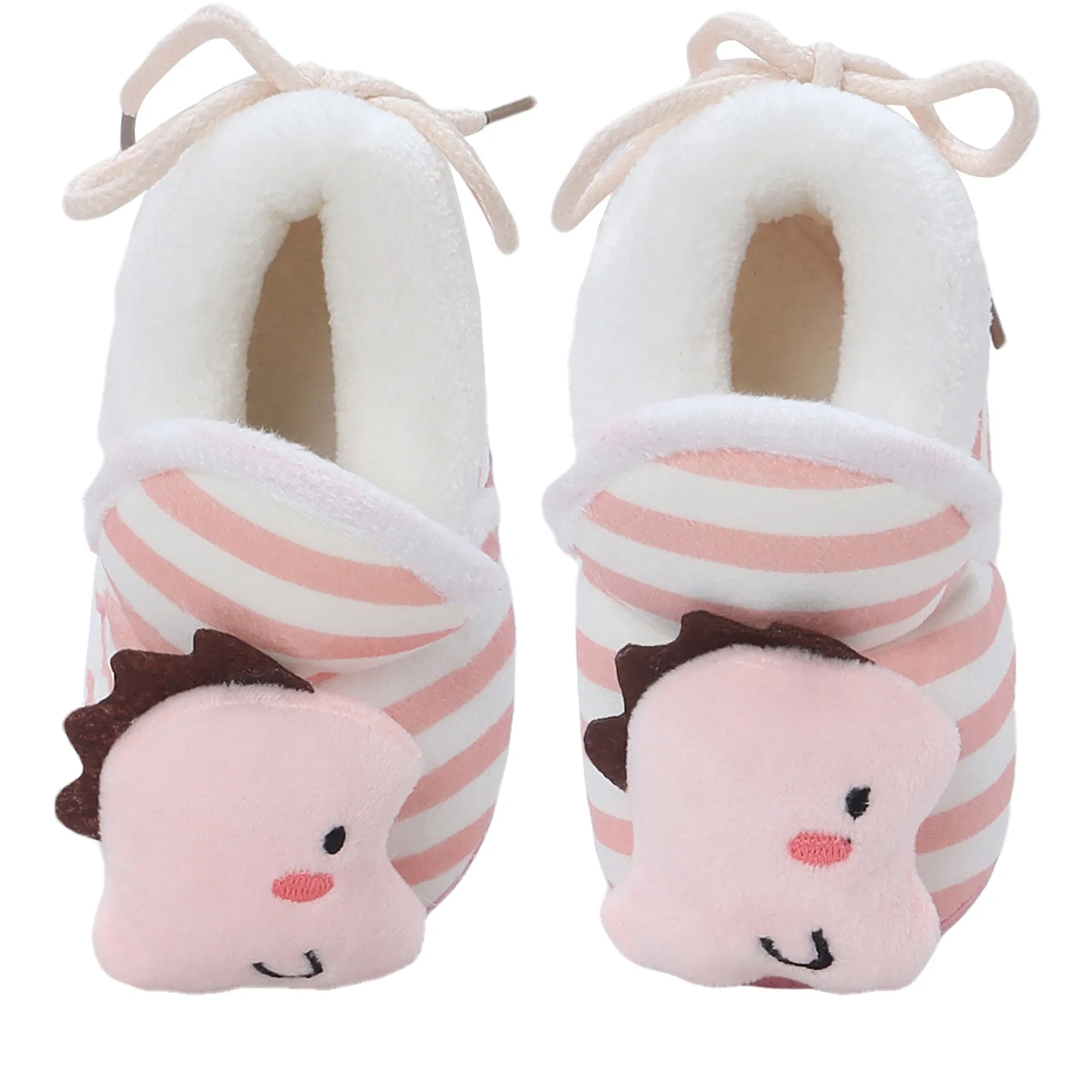 Baby Moo 3D Dino Striped Soft Slip-On Anti-Skid Plush Warm Booties - Peach