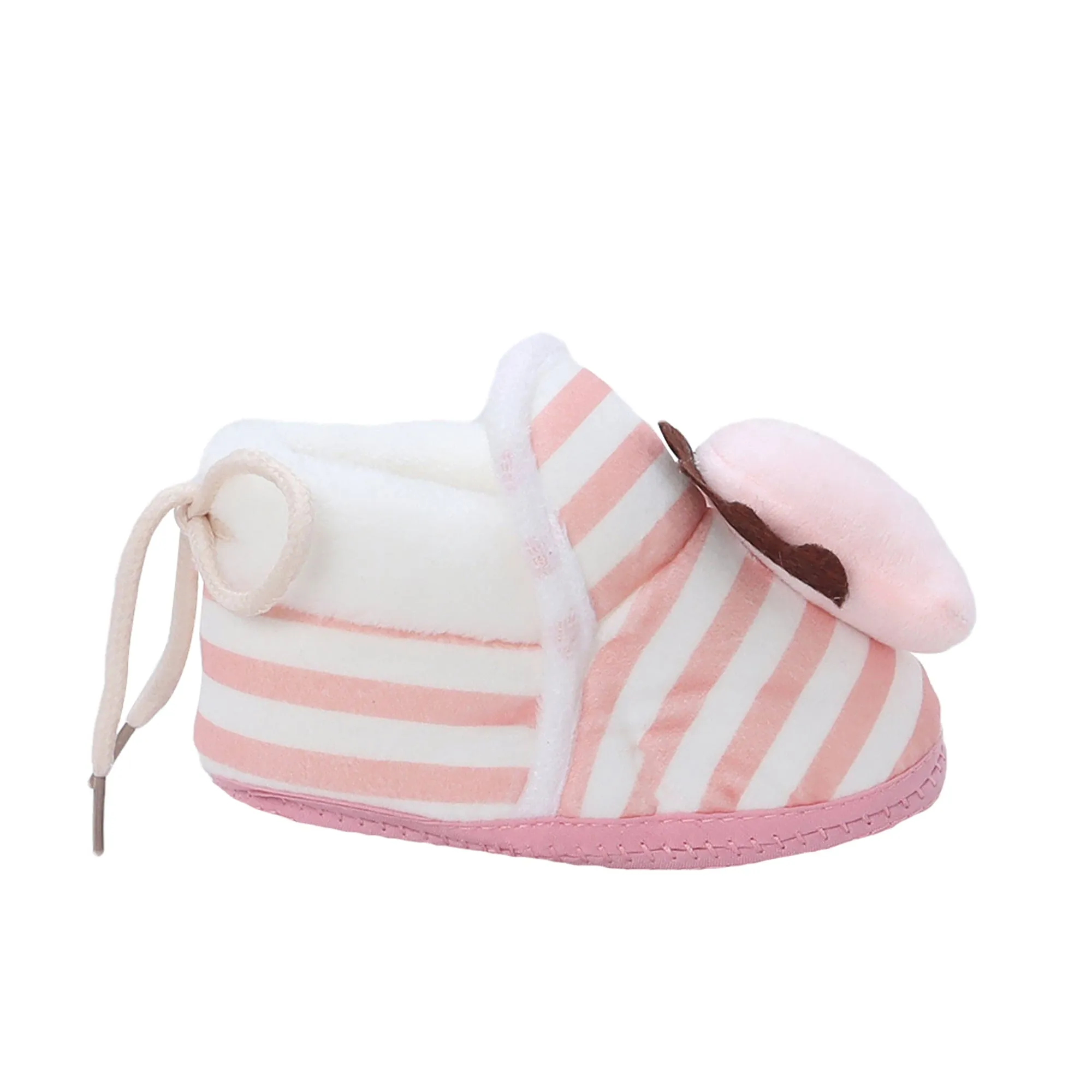 Baby Moo 3D Dino Striped Soft Slip-On Anti-Skid Plush Warm Booties - Peach