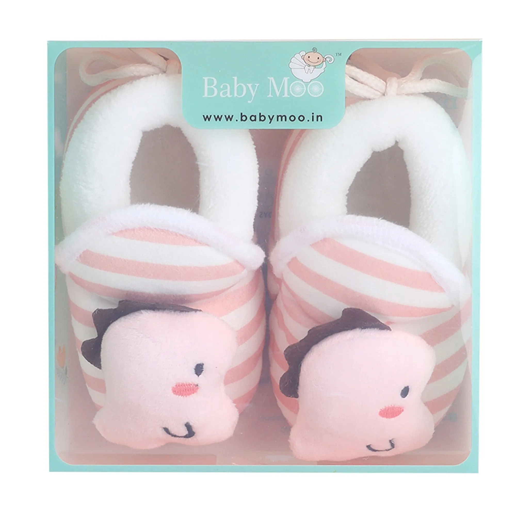 Baby Moo 3D Dino Striped Soft Slip-On Anti-Skid Plush Warm Booties - Peach