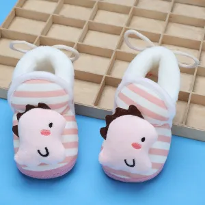 Baby Moo 3D Dino Striped Soft Slip-On Anti-Skid Plush Warm Booties - Peach