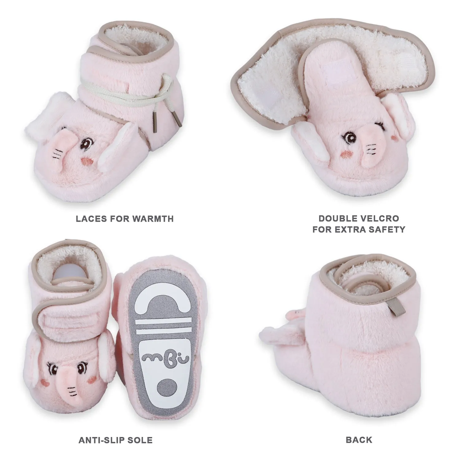 Baby Moo 3D Elephant Cozy Soft Velcro Furry Booties - Pink