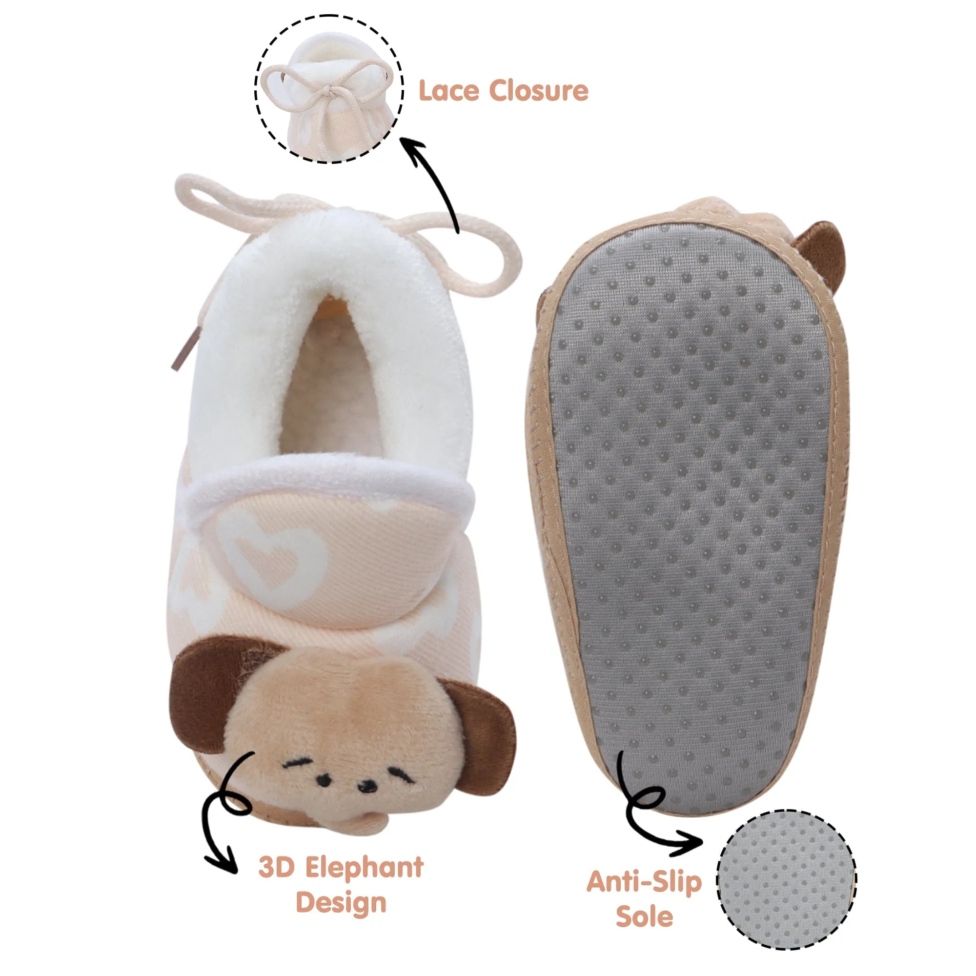 Baby Moo 3D Elephant Soft Slip-On Anti-Skid Plush Warm Booties - Beige