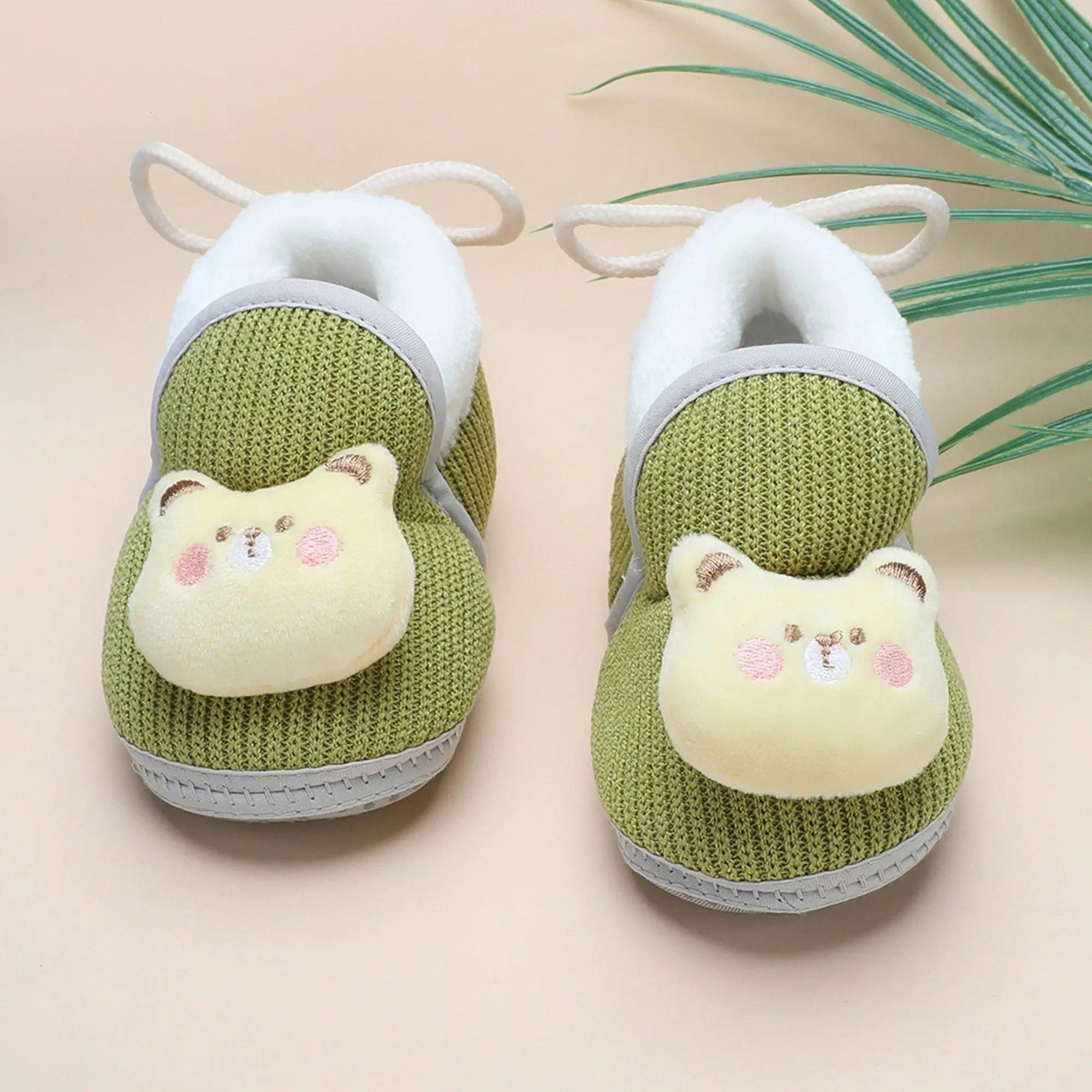 Baby Moo 3D Kitty Ribbed Soft Slip-On Anti-Skid Plush Warm Booties - Green