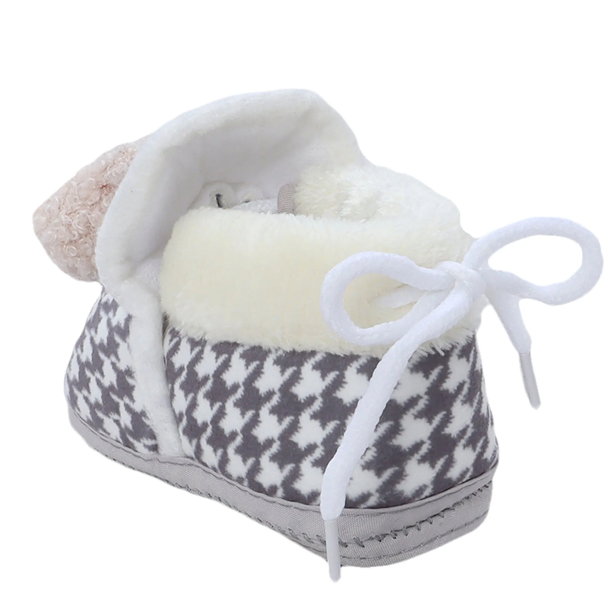 Baby Moo 3D Poodle Dog Houndstooth Soft Slip-On Anti-Skid Plush Warm Booties - Grey