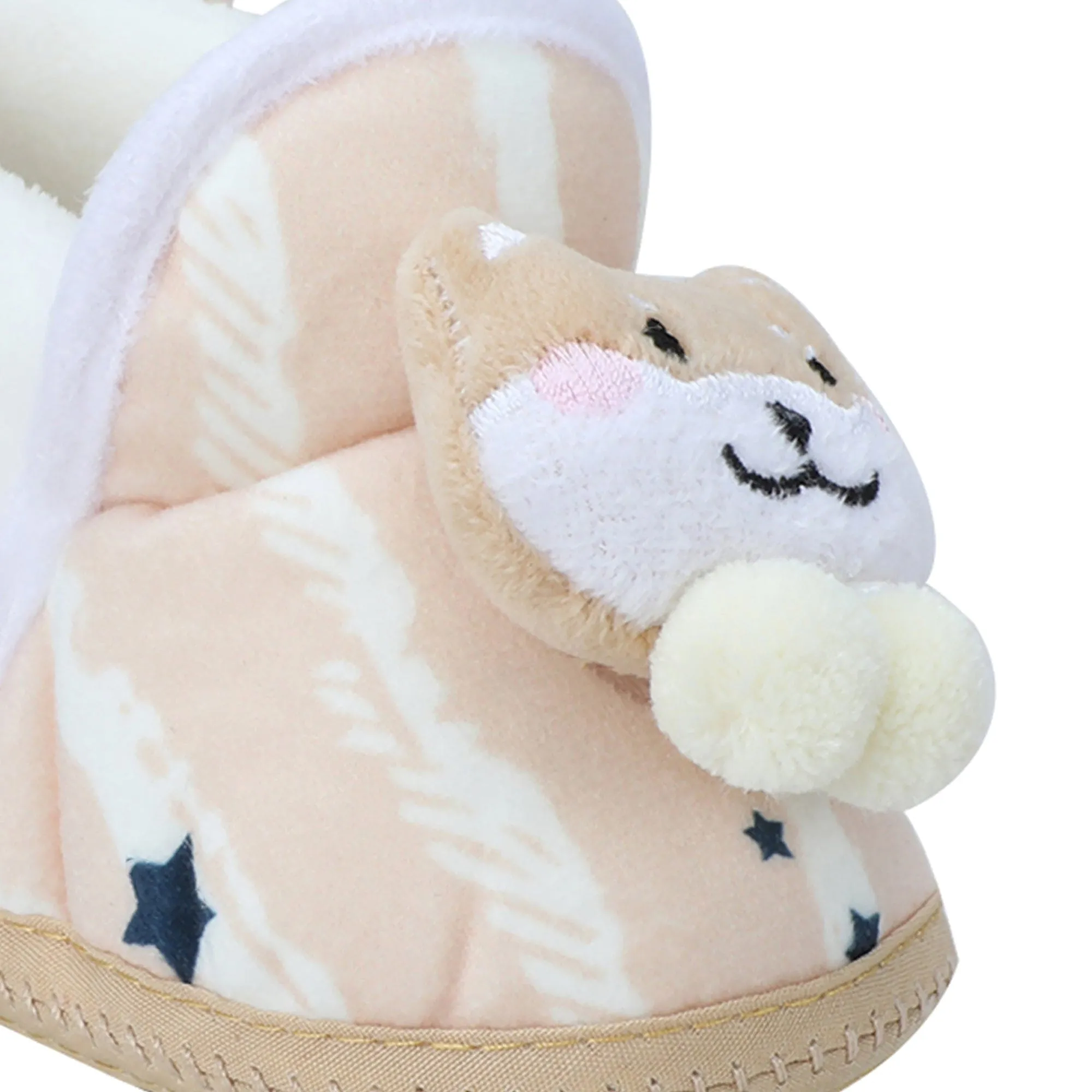 Baby Moo 3D Teddy Broad Stripes Soft Slip-On Anti-Skid Plush Warm Booties - Beige