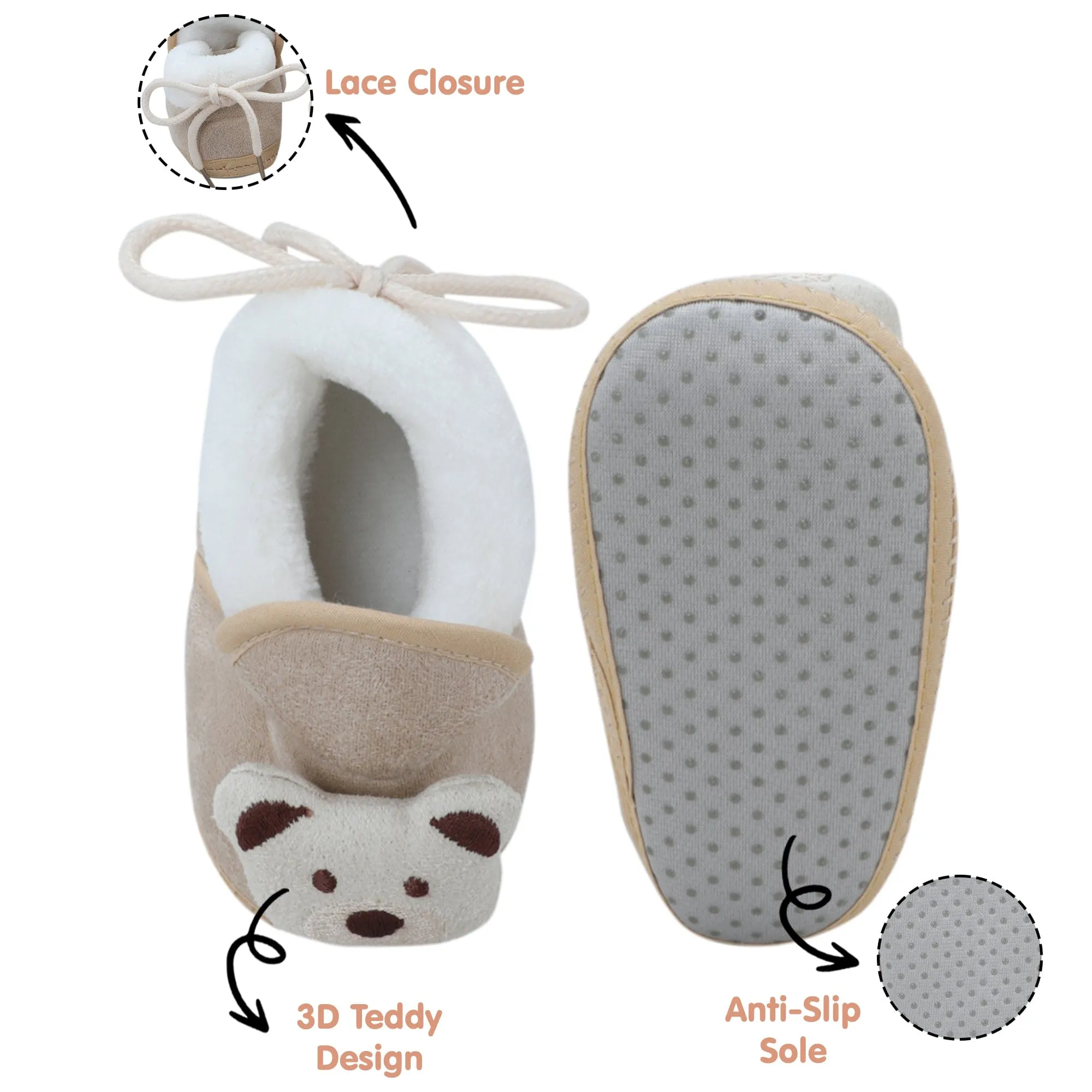 Baby Moo 3D Teddy Soft Slip-On Anti-Skid Plush Warm Booties - Beige