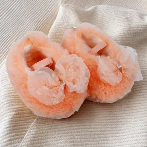 Baby Moo Bow Applique Warm Furry Booties - Peach