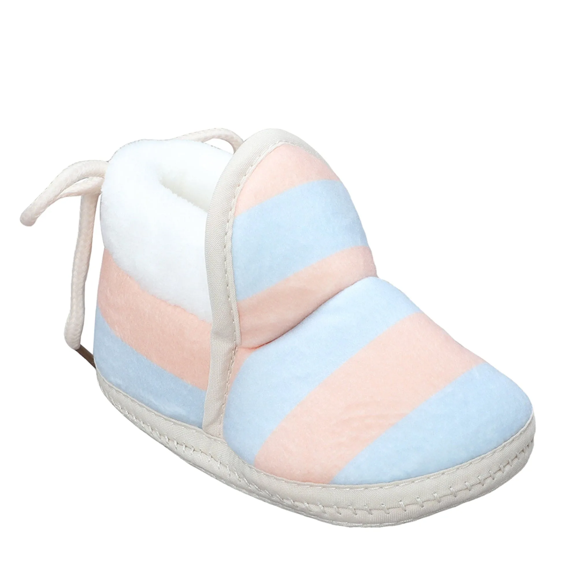 Baby Moo Broad Stripes Soft Slip-On Anti-Skid Plush Warm Booties - Peach