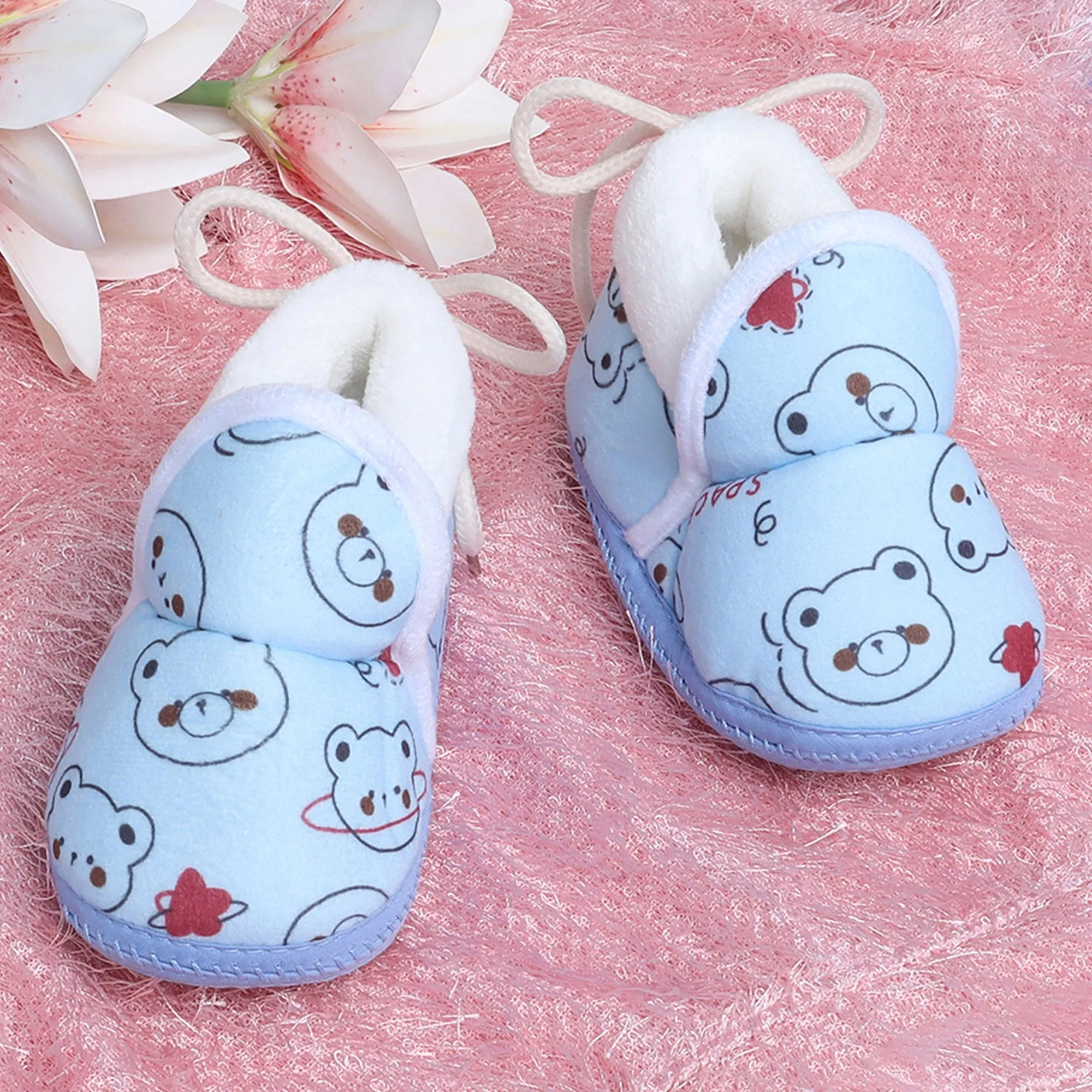 Baby Moo Panda Face Printed Soft Slip-On Anti-Skid Plush Warm Booties - Blue