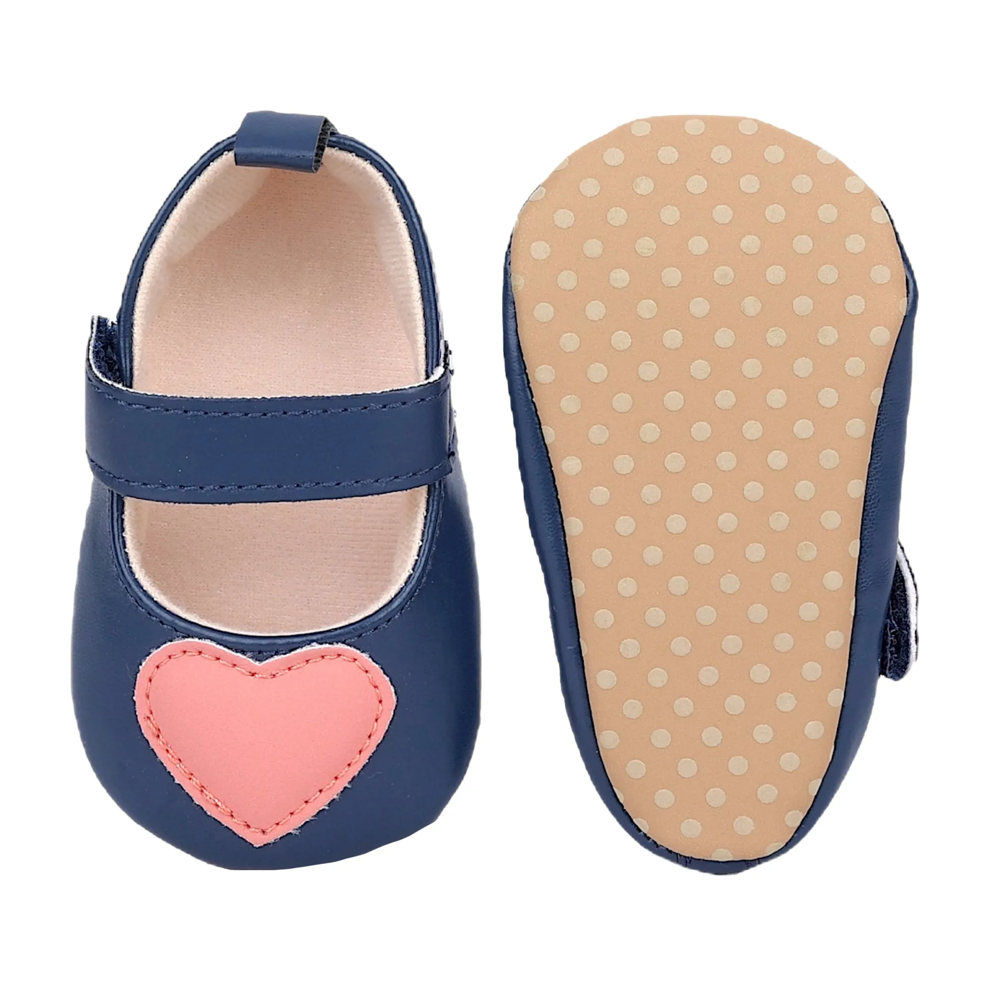 Baby Moo Sweet Heart Anti-Skid Elastic Strap Ballerina Booties - Navy Blue, Peach