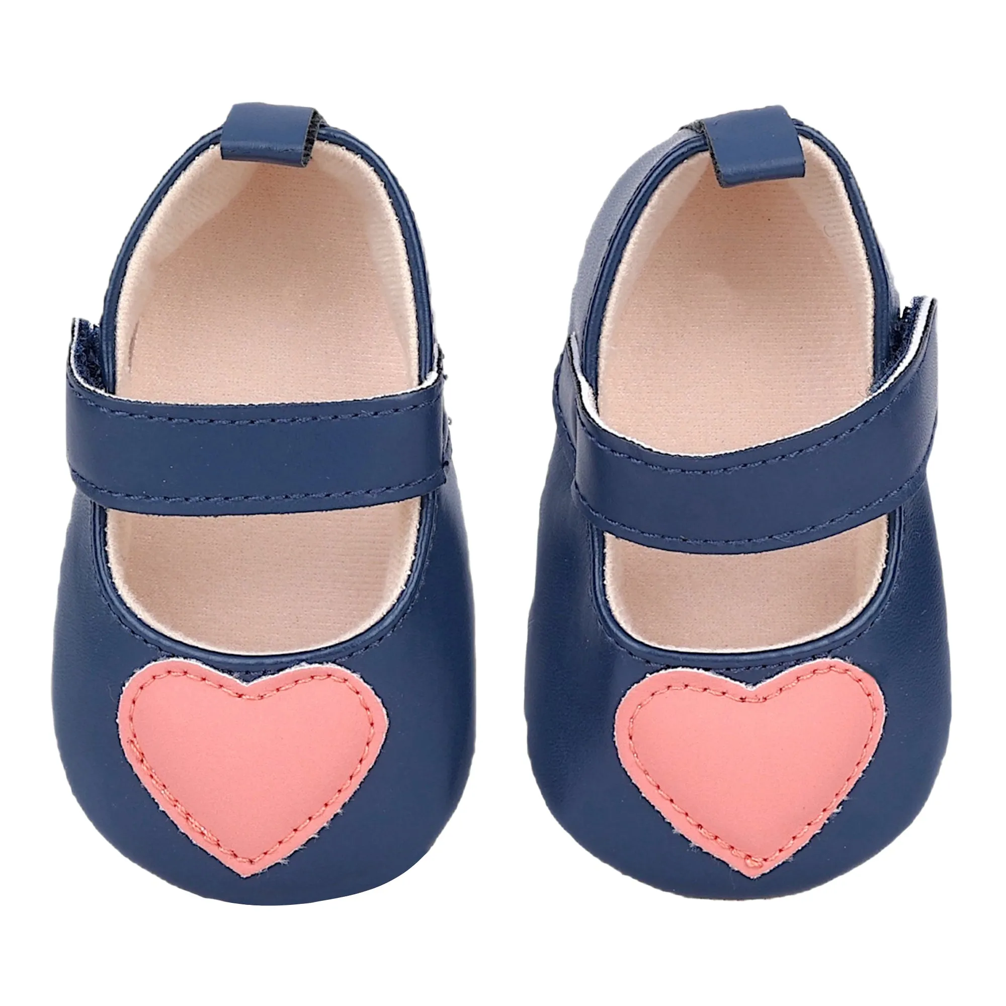 Baby Moo Sweet Heart Anti-Skid Elastic Strap Ballerina Booties - Navy Blue, Peach