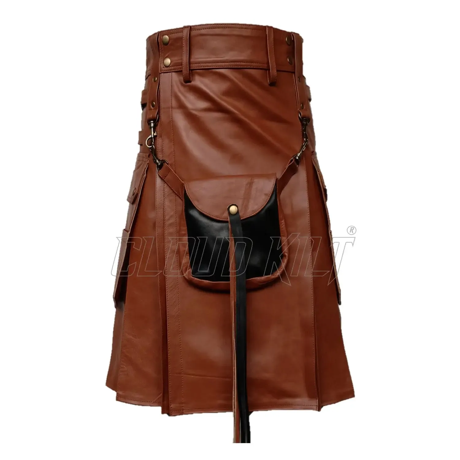 Brown Real Cow Leather Utility Kilt With Front Sporran