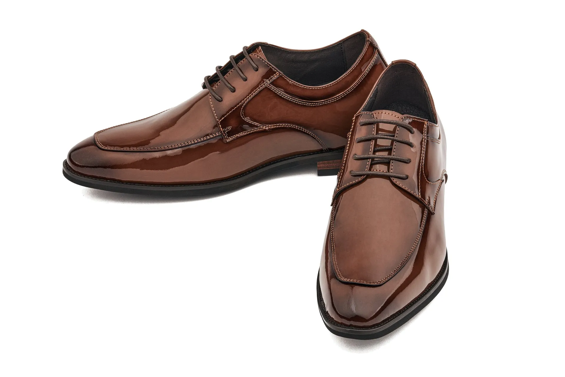 CALTO - K2711 - 2.8 Inches Taller (Caramel Brown) - Patent Leather Dress Derbies