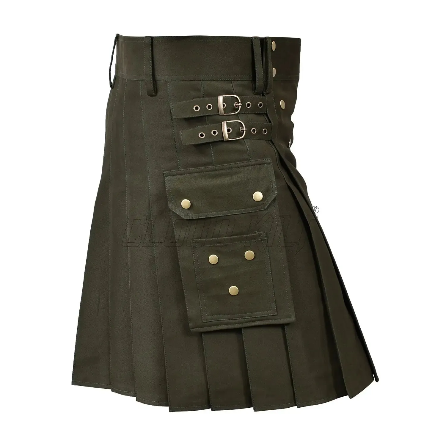 Deluxe Modern Fashion Olive Green Utility Kilt For Men