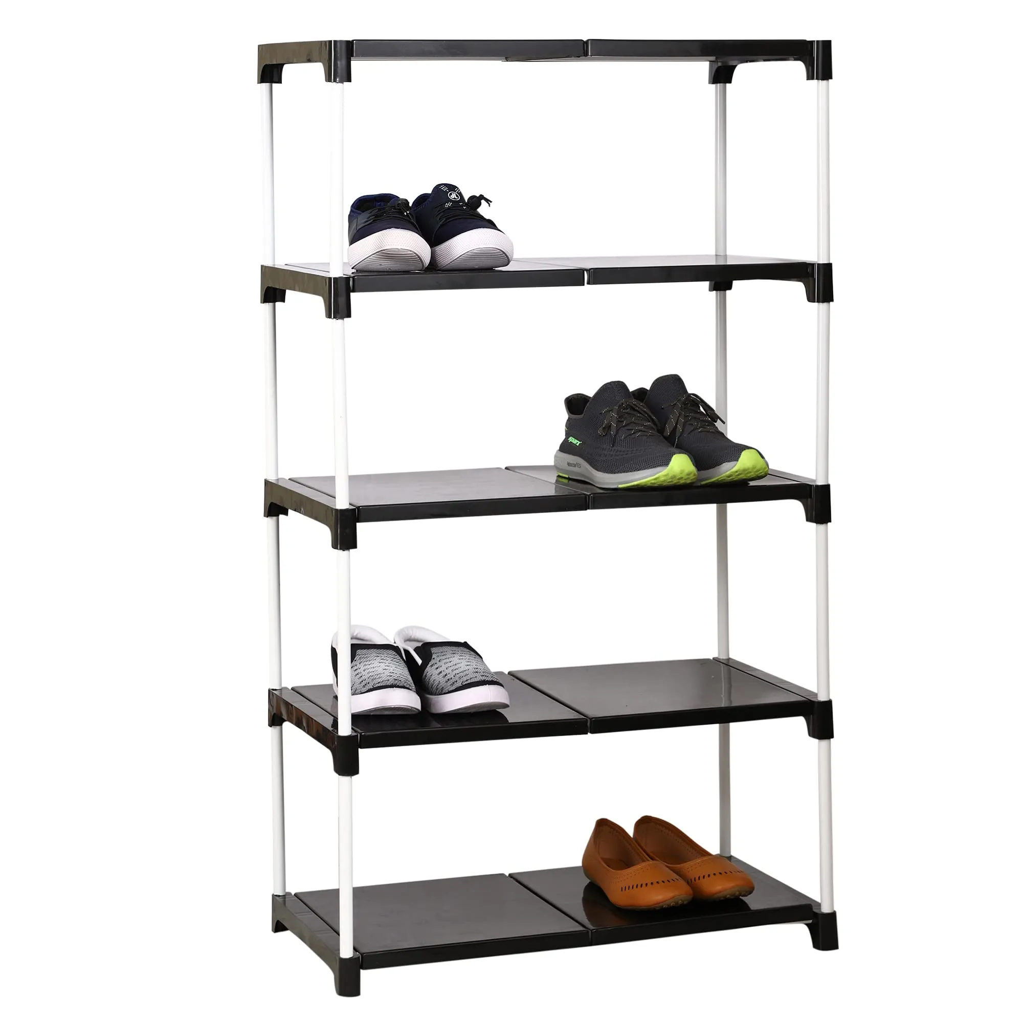 Dhani Creation Black & White Extra Strong Multipurpose Organizer Plastic Steps and Powder Coated Metal Rods Shoe Racks/Clothes/Books/Utility Rack (5 Step)