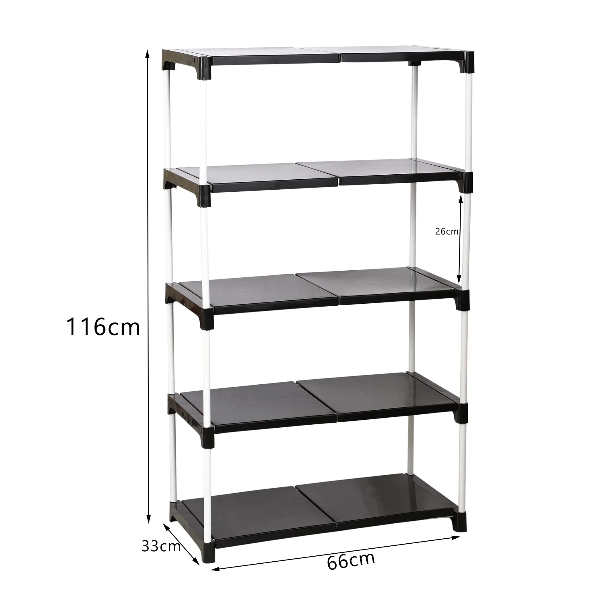 Dhani Creation Black & White Extra Strong Multipurpose Organizer Plastic Steps and Powder Coated Metal Rods Shoe Racks/Clothes/Books/Utility Rack (5 Step)