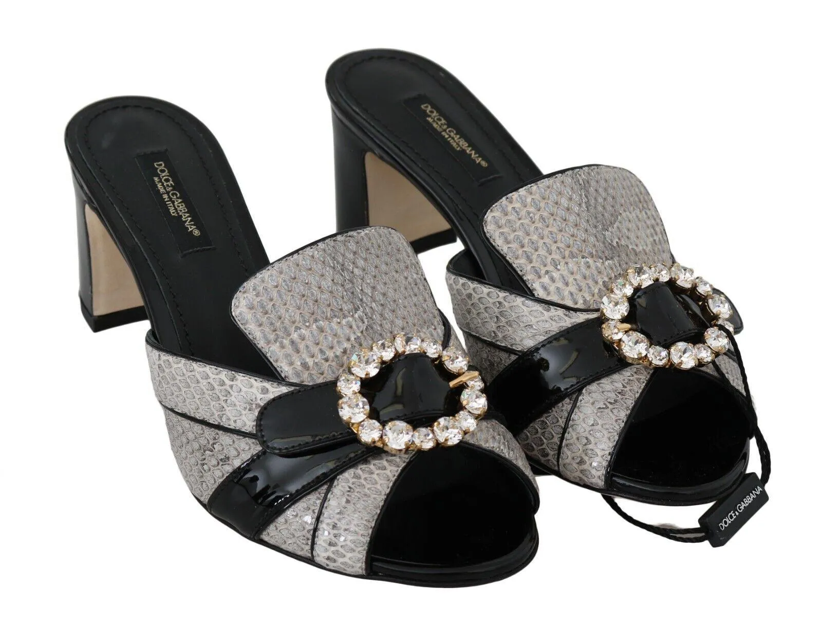 Dolce & Gabbana Black Gray Exotic Leather Crystals Sandals Shoes