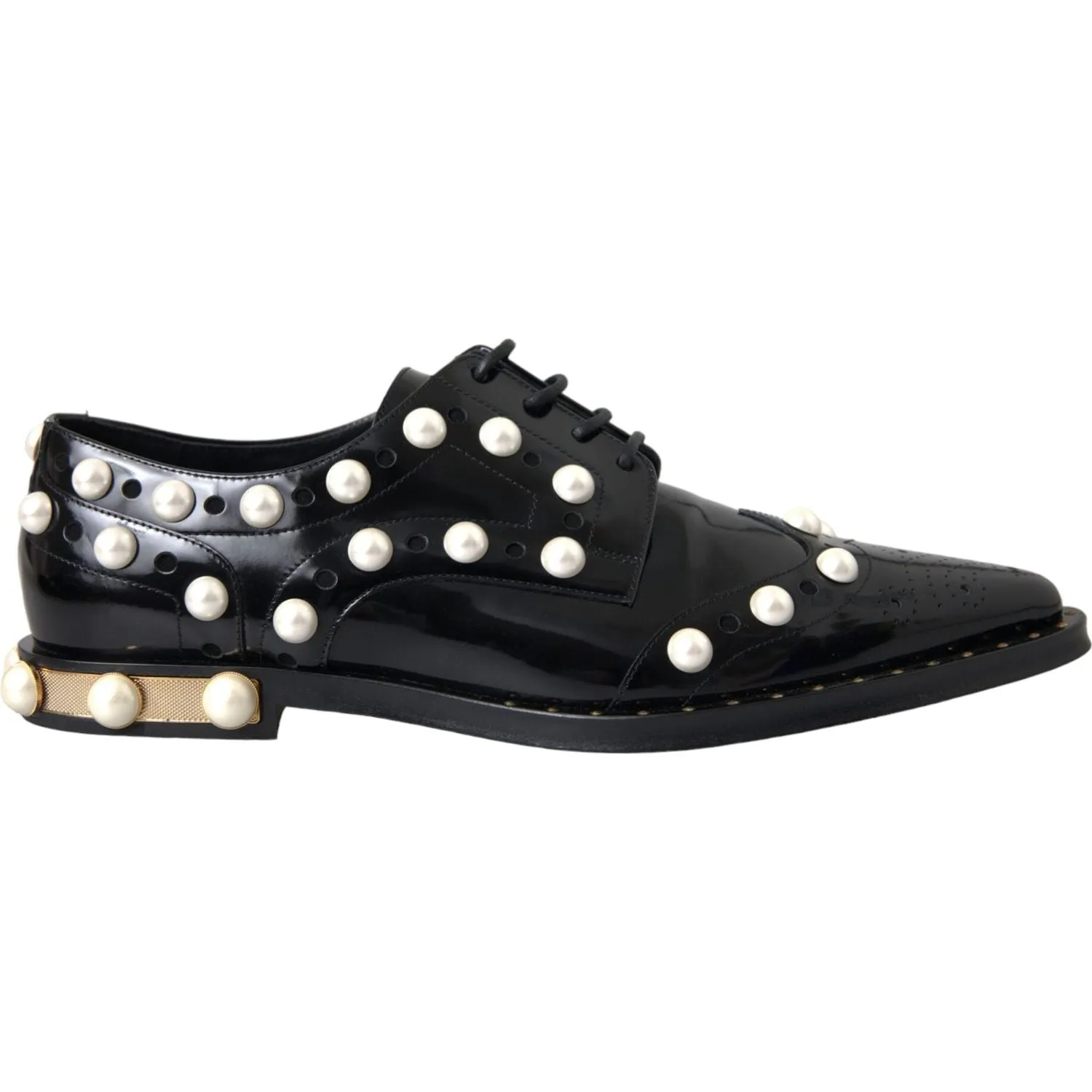 Dolce & Gabbana Black Leather Faux Pearl Dress Broque Shoes