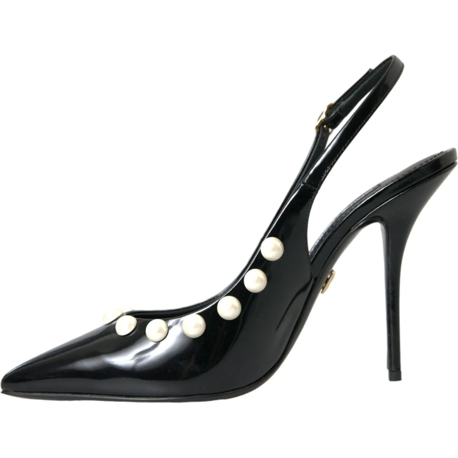 Dolce & Gabbana Black Leather Faux Pearl Heel Slingback Shoes