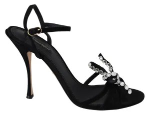 Dolce & Gabbana Black Suede Crystals Heels Sandals Shoes