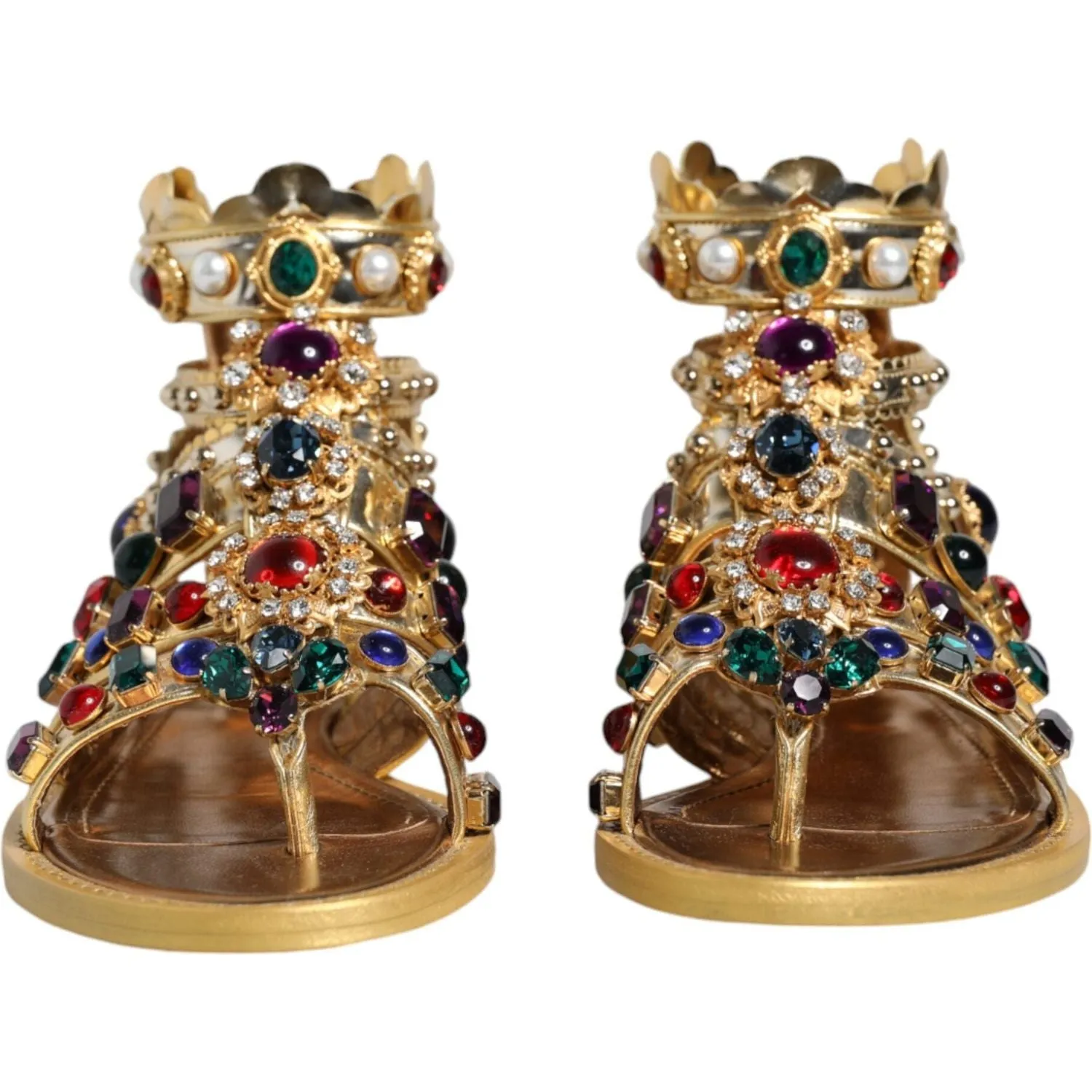 Dolce & Gabbana Gold Leather Crystal Gladiator Sandals Flats Shoes