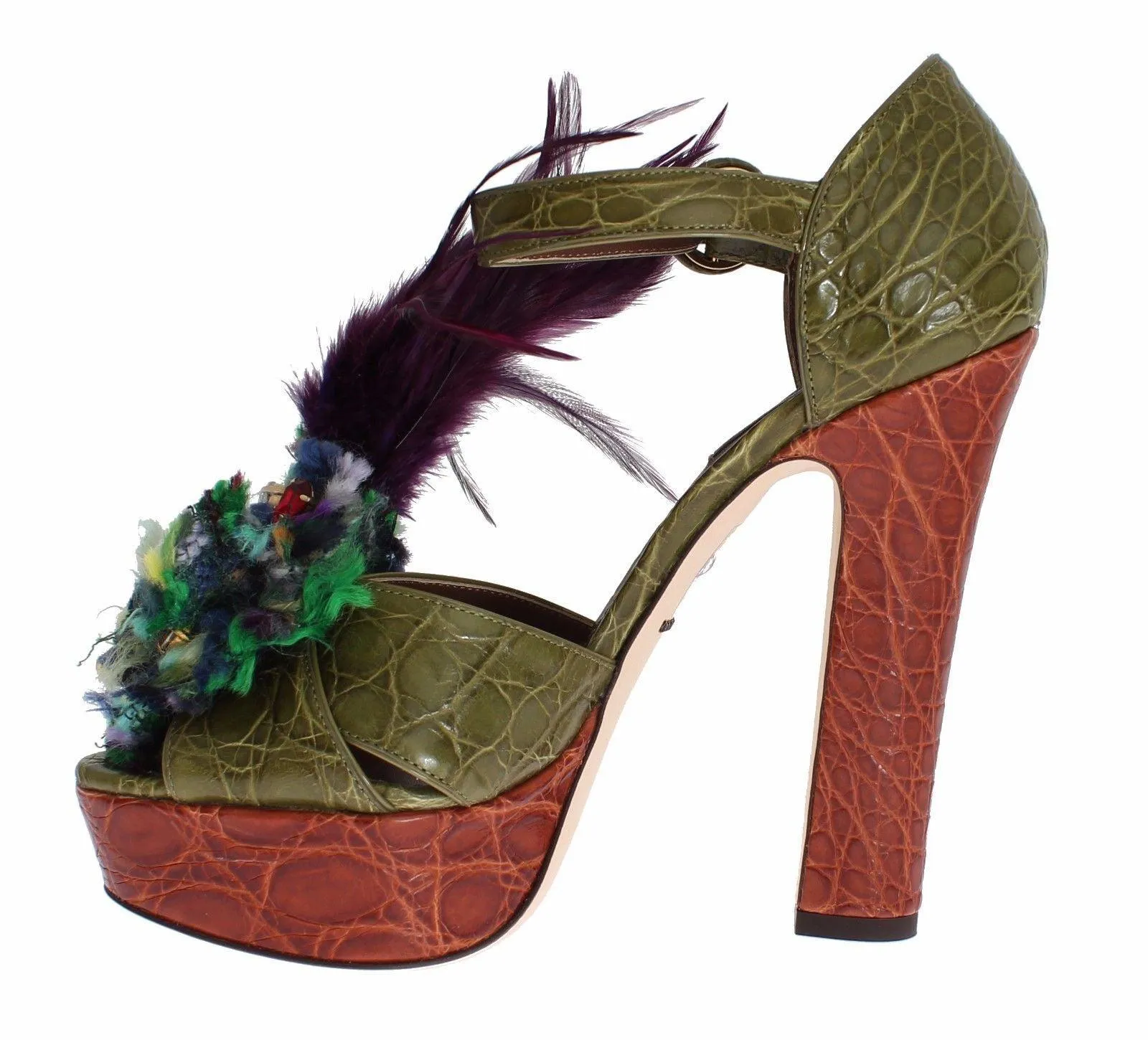 Dolce & Gabbana Green Leather Crystal Platform Sandal Shoes