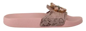 Dolce & Gabbana Pink Lace Crystal Sandals Slides Beach Shoes