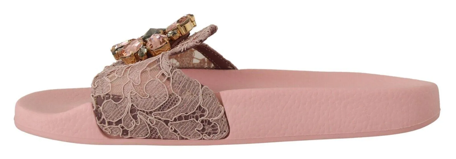 Dolce & Gabbana Pink Lace Crystal Sandals Slides Beach Shoes