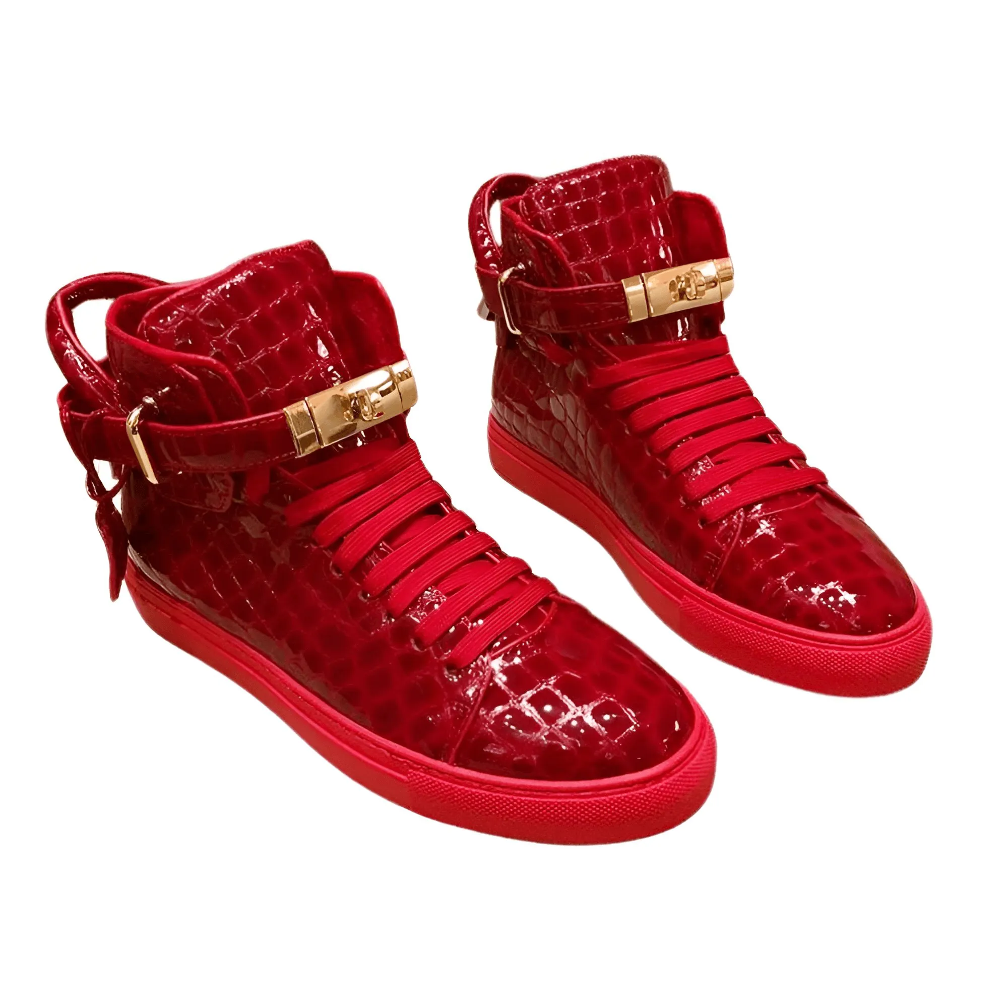 Embossed Crocodile Men's High Top Sneakers Lock Lace Red Flats Real Leather Designer Men‘s Casual Shoes