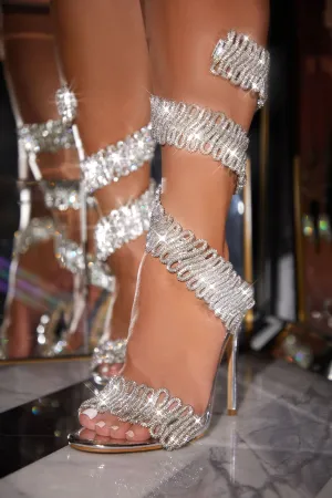 Exotic Touch Embellished Coil Strap High Heels - Silver