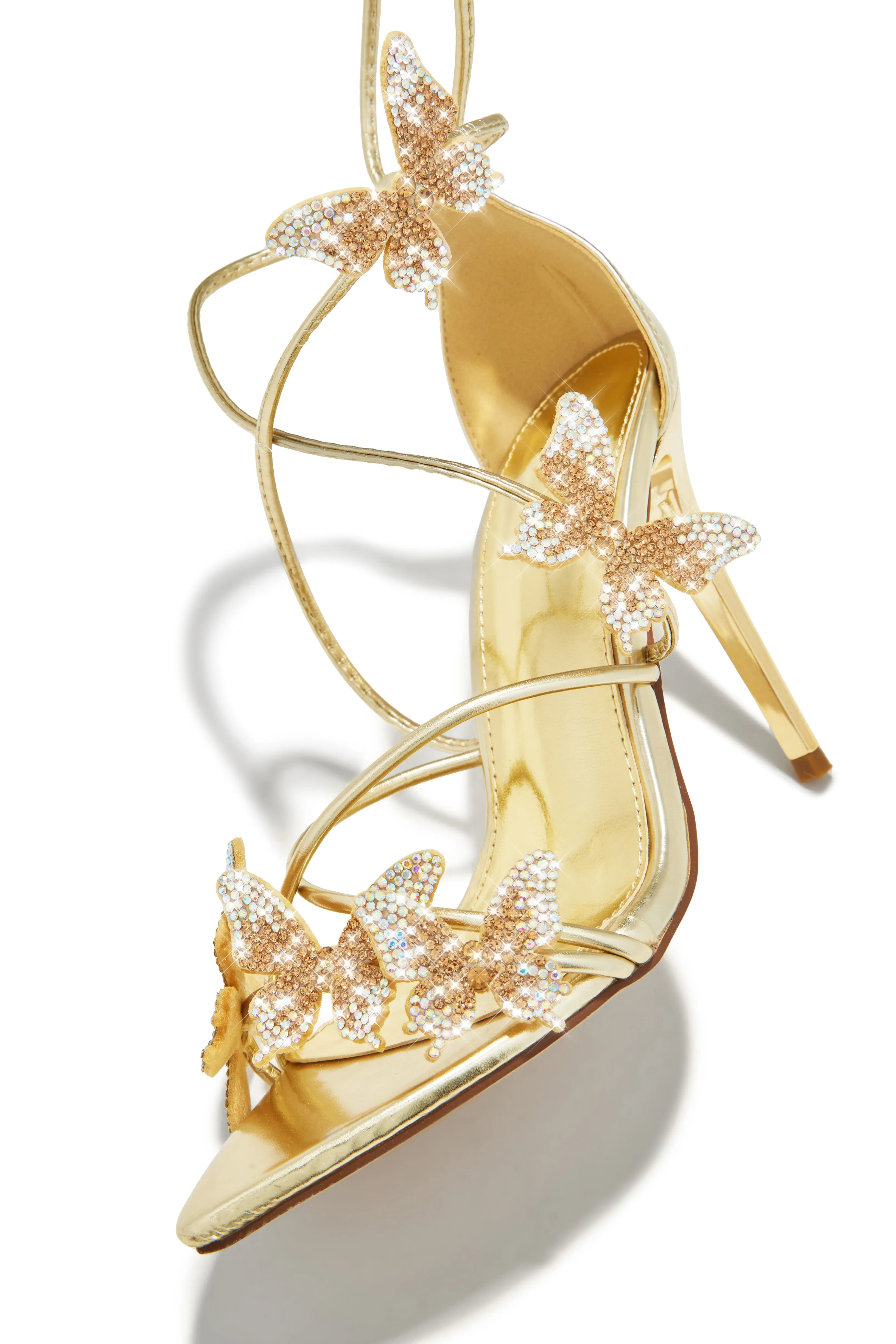 Fantasy Dreams Butterfly Embellished Lace Up Heels - Gold