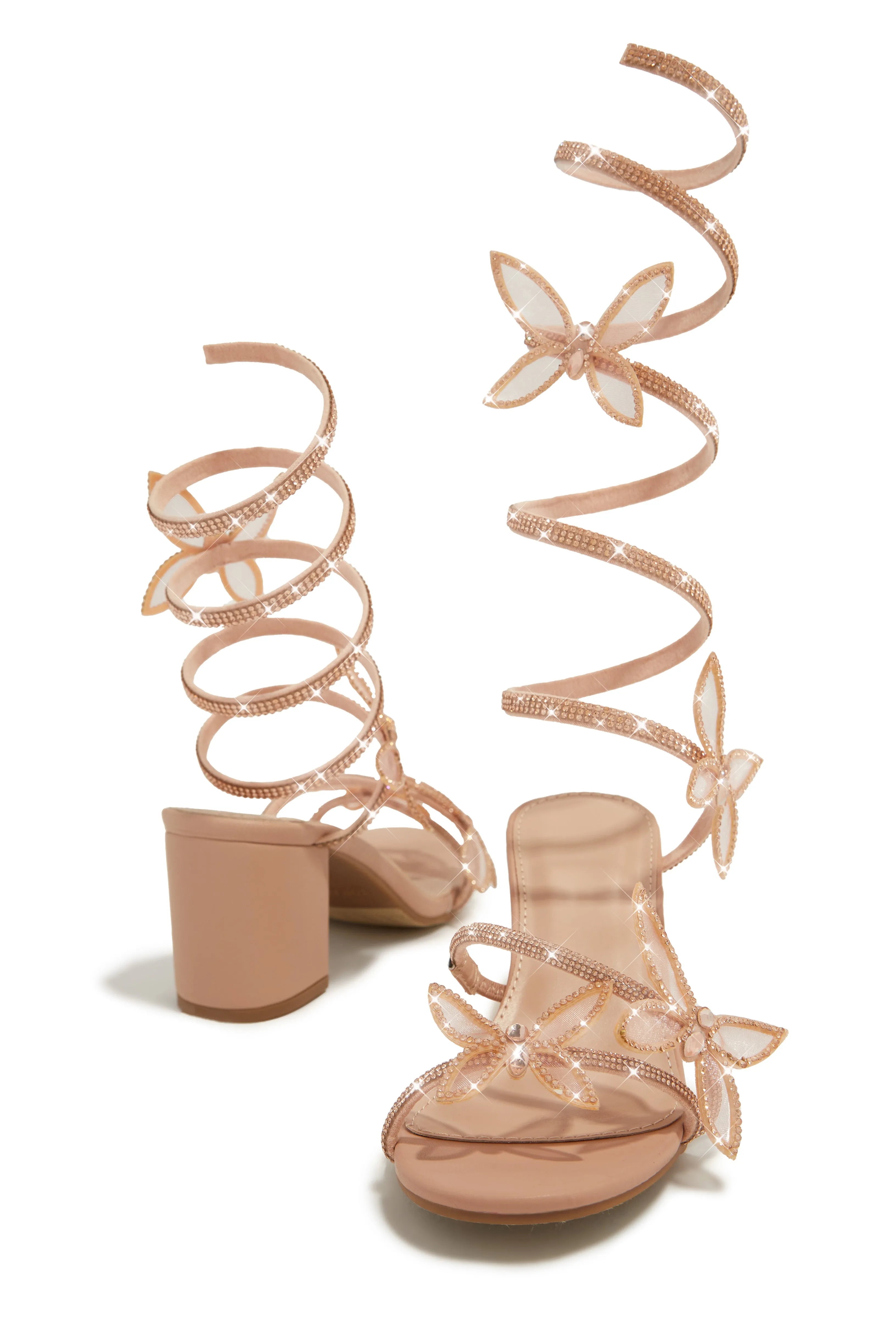 Fantasy Embellished Around The Ankle Coil Block Heels - Nude