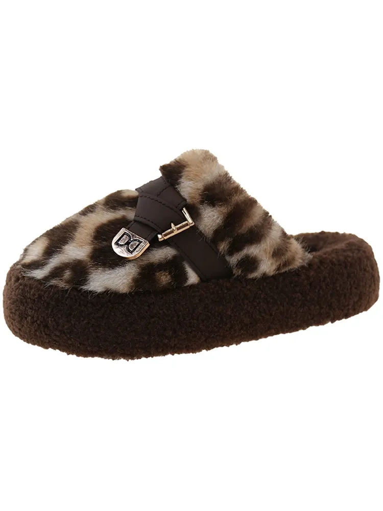 Leopard print fur slippers for women wear 2024 new popular Internet celebrities with a sense of luxury thick-soled plush toe cotton slippers in autumn and winter