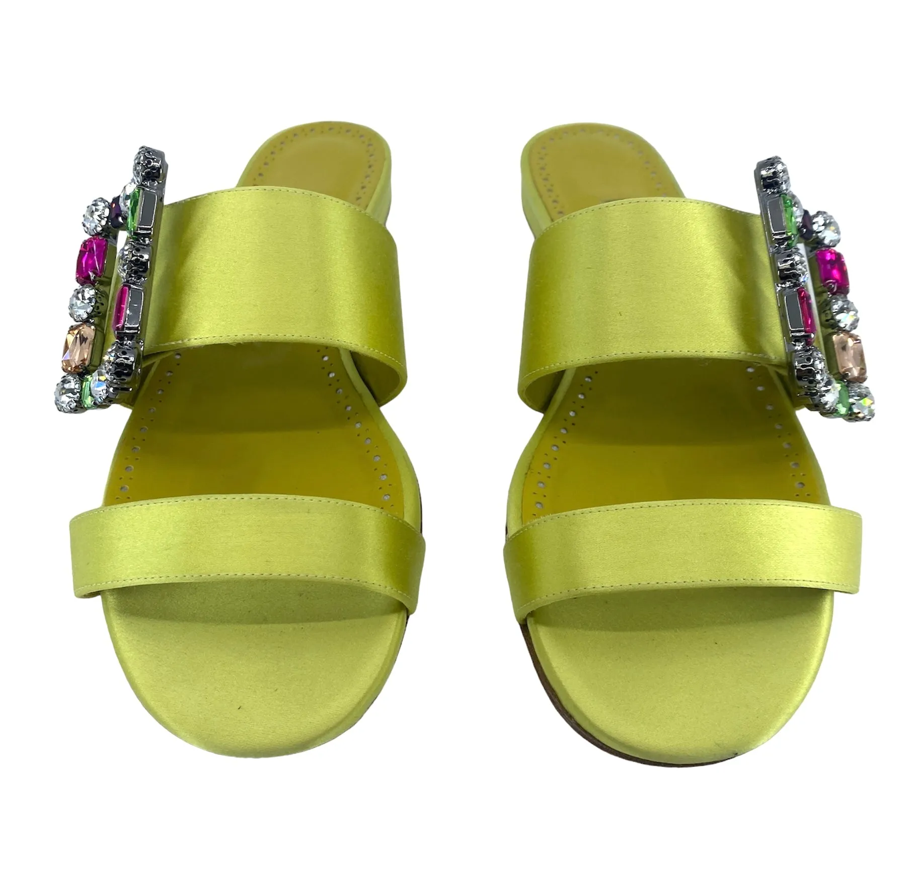 Manolo Blahnik Verda Crystal Buckle Flat Sandals In Green Size 38 1/2