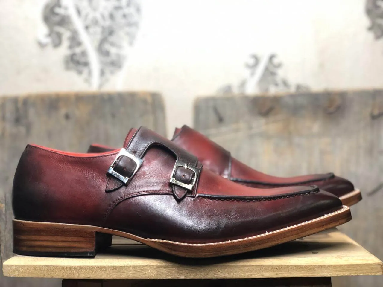 Men's Handmade Burgundy Leather Double Monk Shoes